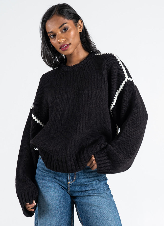 Knit Sweater w/Embroidered Contrasting Thread - Wild and Heart